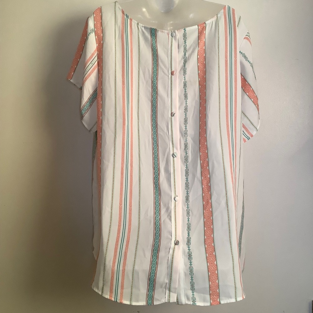 Torrid Womens Size 3 Coral Teal Striped Button Back Short Sleeve Blouse Top - Picture 11 of 16